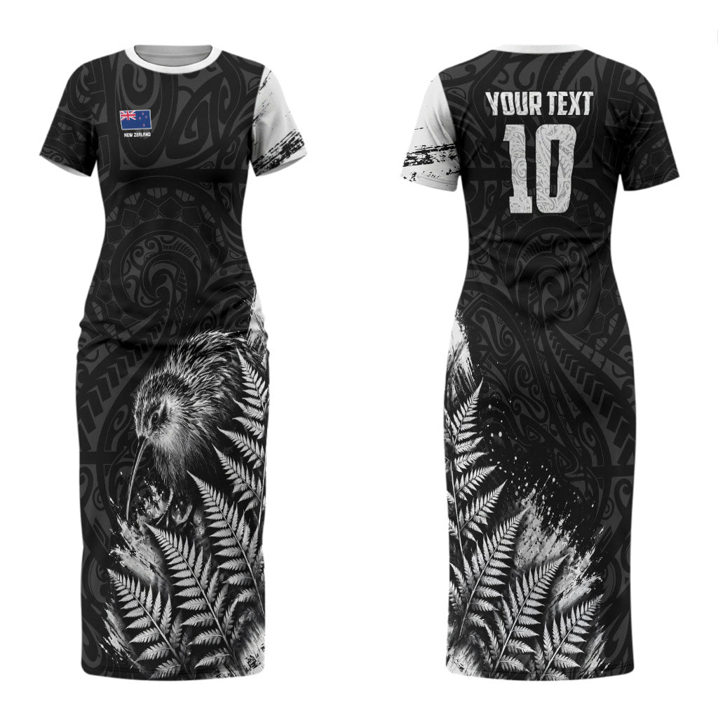 Personalized New Zealand Kiwi Bird Couples Matching Short Sleeve Bodycon Dress and Hawaiian Shirt Grunge Maori Tribal Pattern Silver Fern