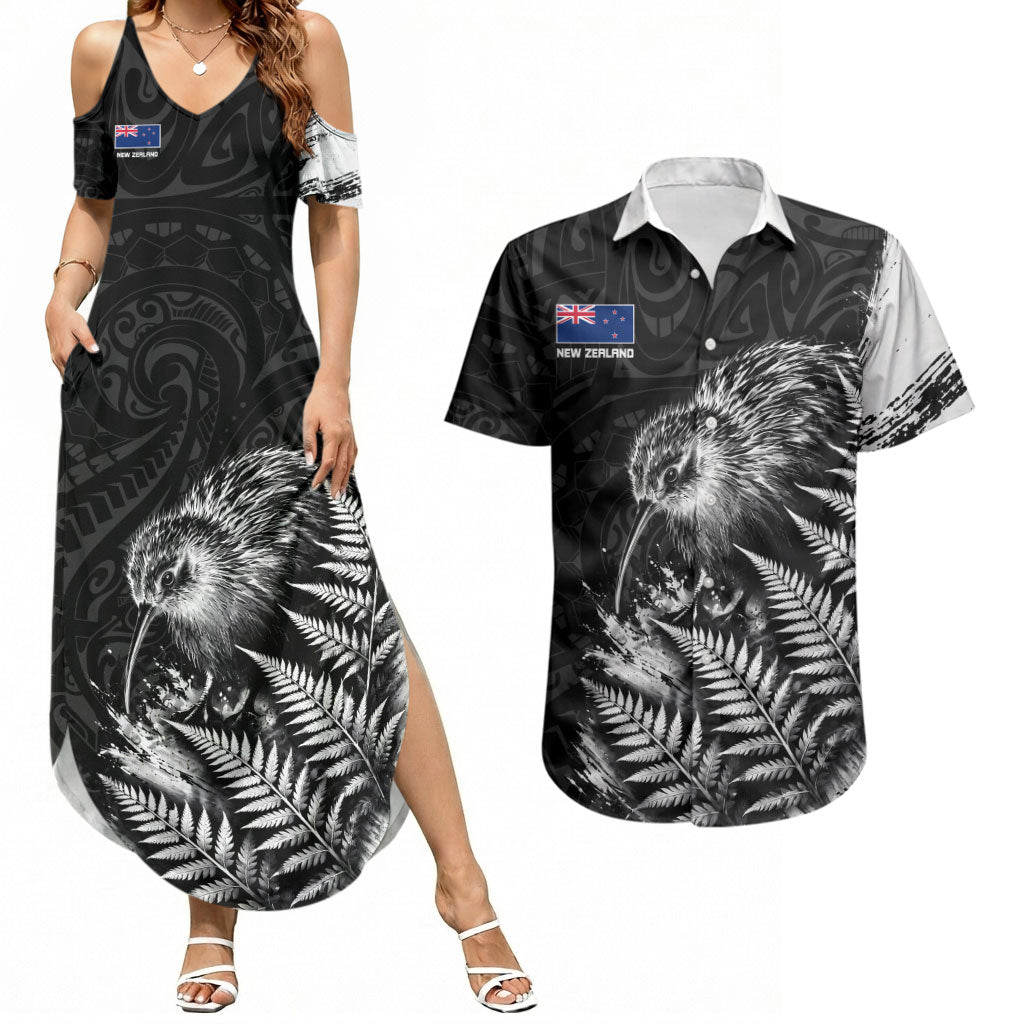 Personalized New Zealand Kiwi Bird Couples Matching Summer Maxi Dress and Hawaiian Shirt Grunge Maori Tribal Pattern Silver Fern TS04 Black White - Polynesian Pride