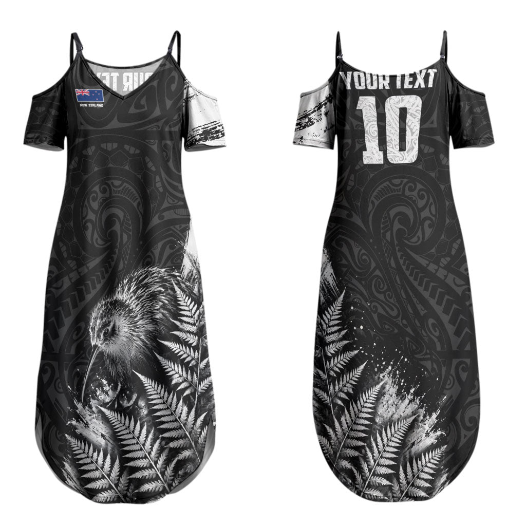 Personalized New Zealand Kiwi Bird Couples Matching Summer Maxi Dress and Hawaiian Shirt Grunge Maori Tribal Pattern Silver Fern