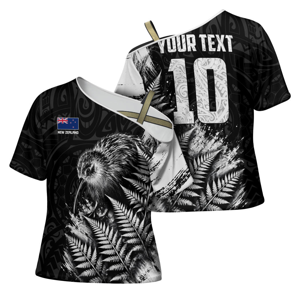 Personalized New Zealand Kiwi Bird Cross Shoulder Shirt Grunge Maori Tribal Pattern Silver Fern