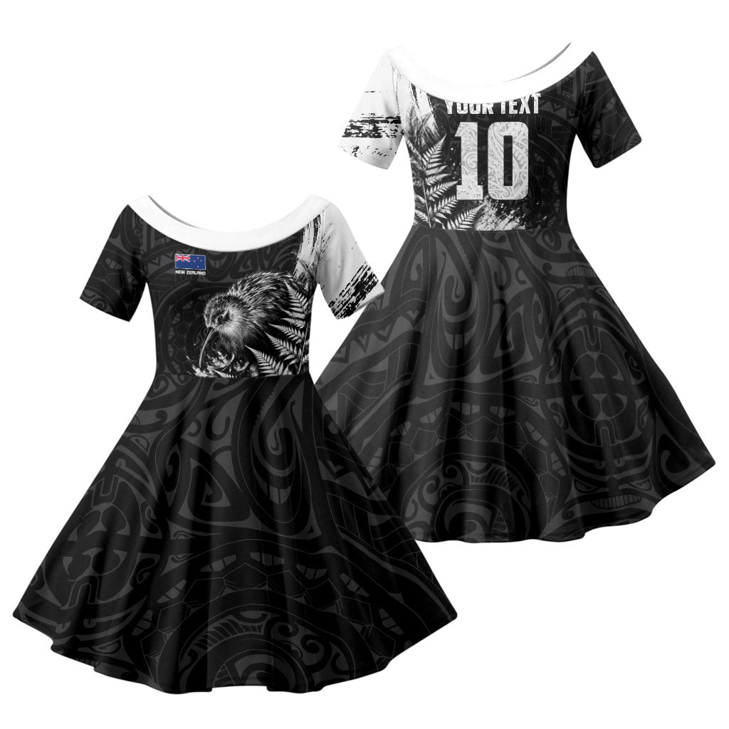 Personalized New Zealand Kiwi Bird Family Matching Off Shoulder Maxi Dress and Hawaiian Shirt Grunge Maori Tribal Pattern Silver Fern