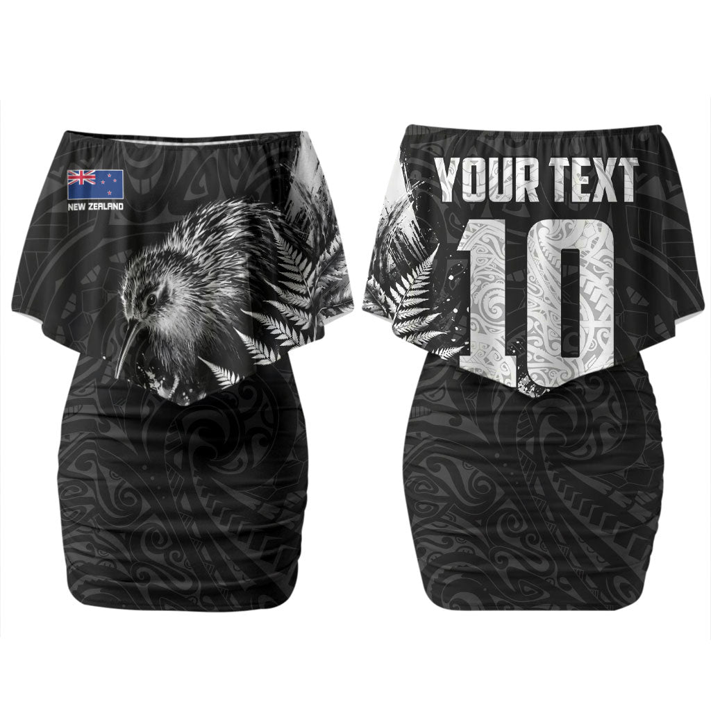Personalized New Zealand Kiwi Bird Family Matching Off Shoulder Short Dress and Hawaiian Shirt Grunge Maori Tribal Pattern Silver Fern