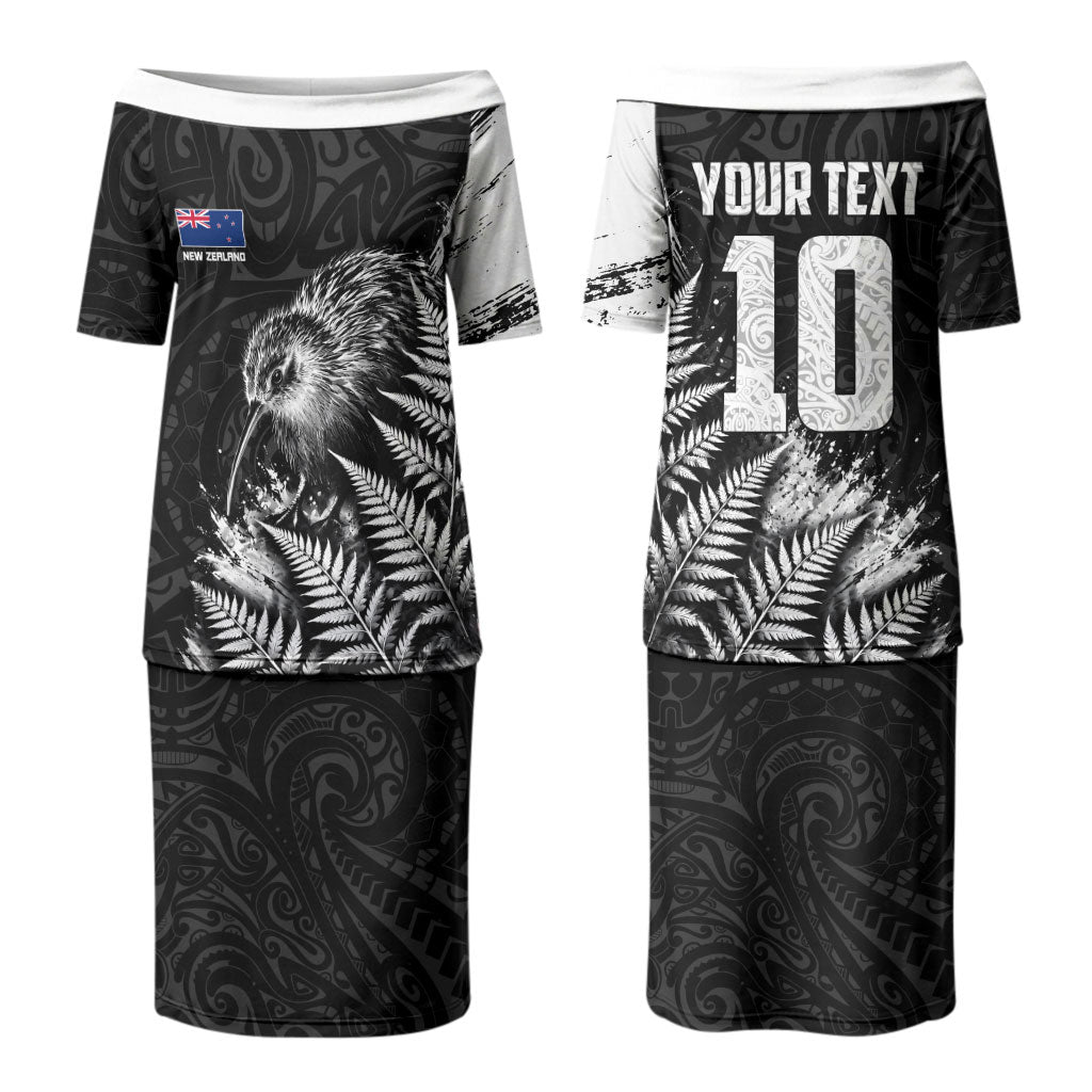 Personalized New Zealand Kiwi Bird Family Matching Puletasi and Hawaiian Shirt Grunge Maori Tribal Pattern Silver Fern