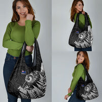Personalized New Zealand Kiwi Bird Grocery Bag Grunge Maori Tribal Pattern Silver Fern