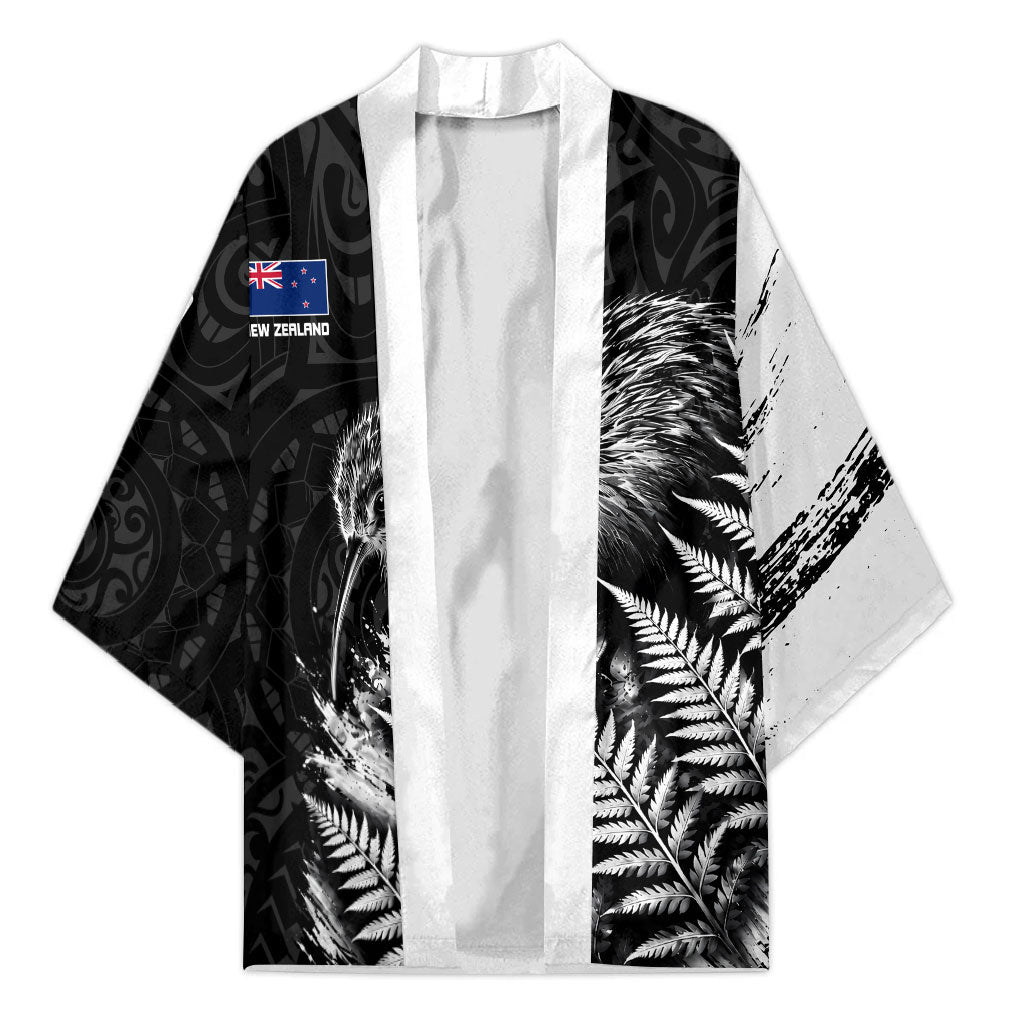 Personalized New Zealand Kiwi Bird Kimono Grunge Maori Tribal Pattern Silver Fern TS04 Unisex Black White - Polynesian Pride