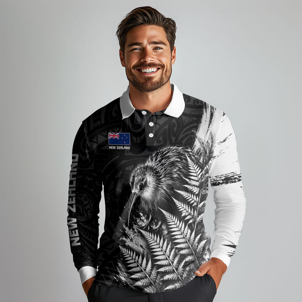 Personalized New Zealand Kiwi Bird Long Sleeve Polo Shirt Grunge Maori Tribal Pattern Silver Fern