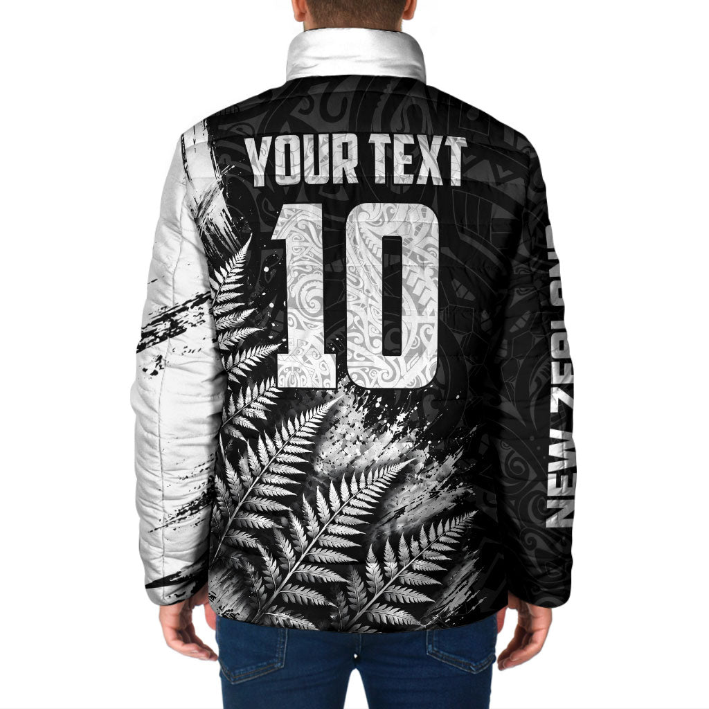 Personalized New Zealand Kiwi Bird Padded Jacket Grunge Maori Tribal Pattern Silver Fern