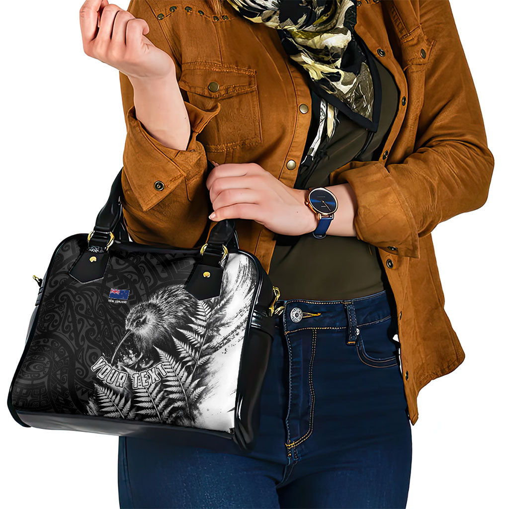Personalized New Zealand Kiwi Bird Shoulder Handbag Grunge Maori Tribal Pattern Silver Fern