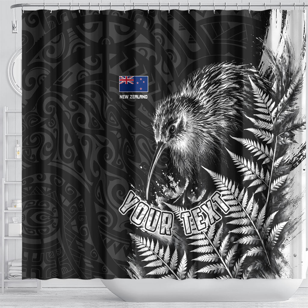 Personalized New Zealand Kiwi Bird Shower Curtain Grunge Maori Tribal Pattern Silver Fern