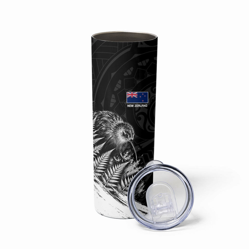 Personalized New Zealand Kiwi Bird Skinny Tumbler Grunge Maori Tribal Pattern Silver Fern