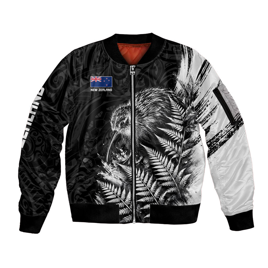 Personalized New Zealand Kiwi Bird Sleeve Zip Bomber Jacket Grunge Maori Tribal Pattern Silver Fern