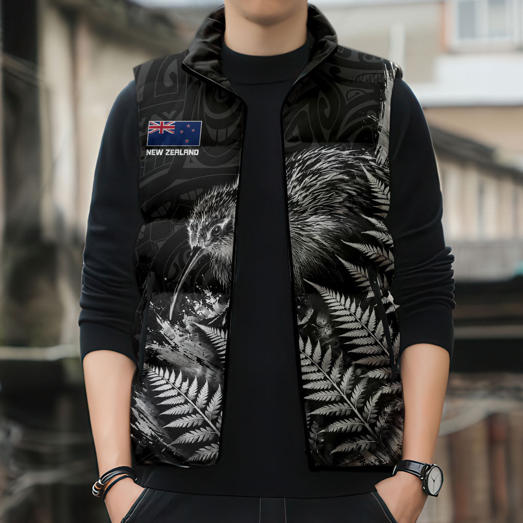 Personalized New Zealand Kiwi Bird Sleeveless Puffer Jacket Grunge Maori Tribal Pattern Silver Fern