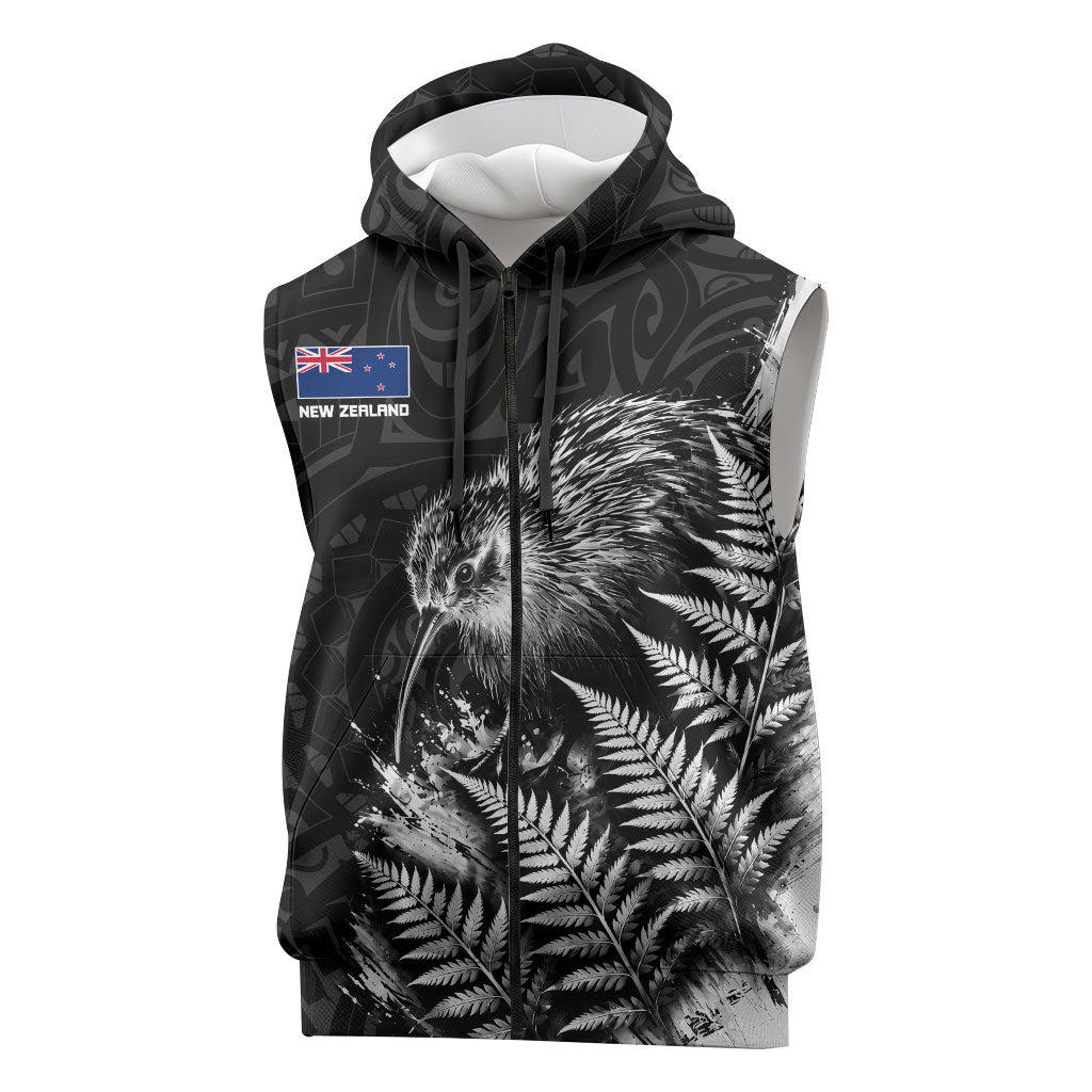 Personalized New Zealand Kiwi Bird Sleeveless Zip Hoodie Grunge Maori Tribal Pattern Silver Fern TS04 Black White - Polynesian Pride