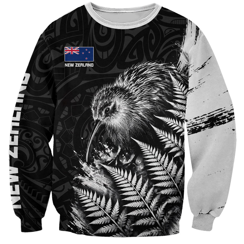 Personalized New Zealand Kiwi Bird Sweatshirt Grunge Maori Tribal Pattern Silver Fern TS04 Unisex Black White - Polynesian Pride