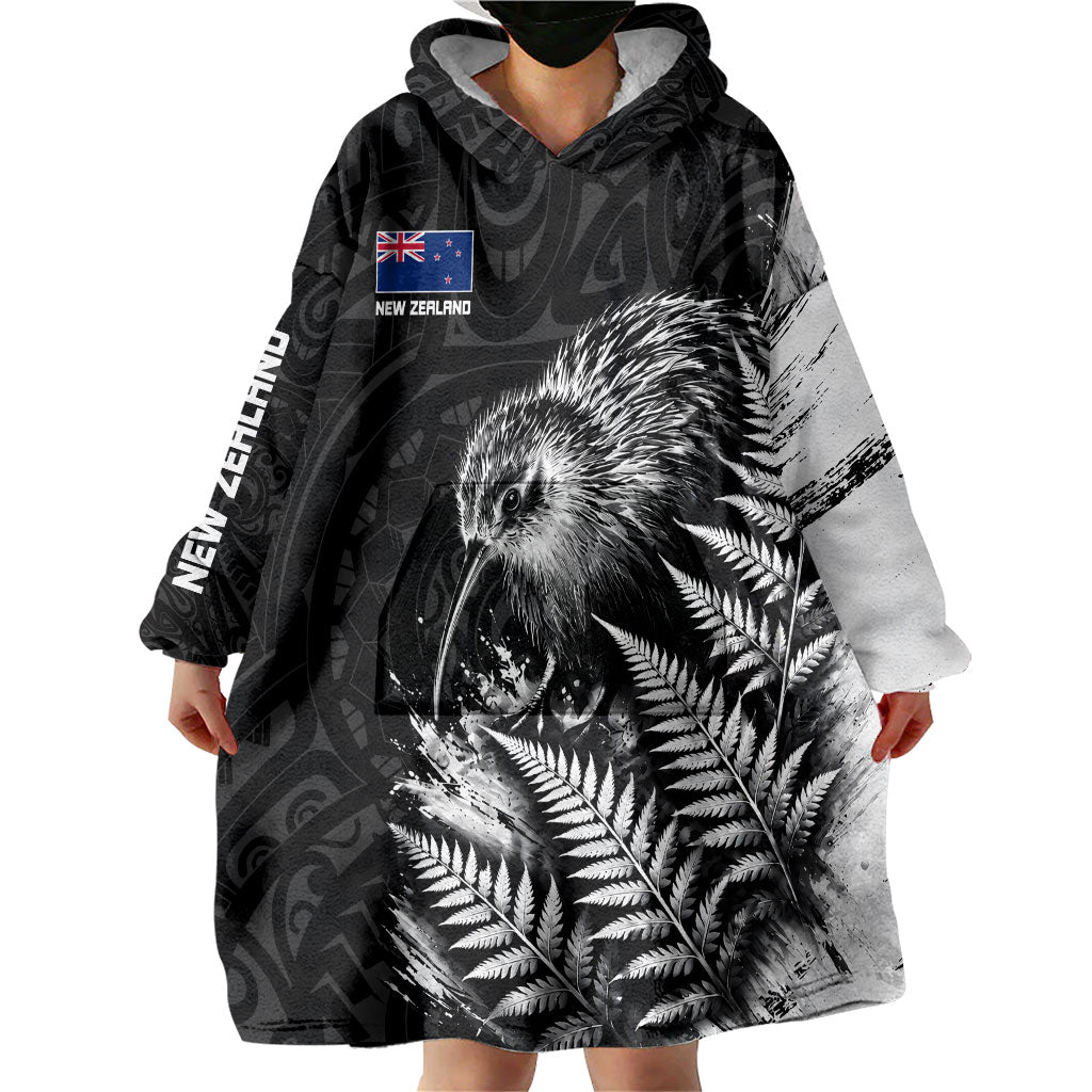 Personalized New Zealand Kiwi Bird Wearable Blanket Hoodie Grunge Maori Tribal Pattern Silver Fern