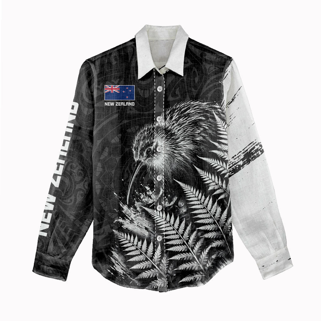 Personalized New Zealand Kiwi Bird Women Casual Shirt Grunge Maori Tribal Pattern Silver Fern