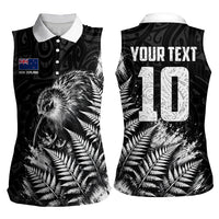 Personalized New Zealand Kiwi Bird Women Sleeveless Polo Shirt Grunge Maori Tribal Pattern Silver Fern