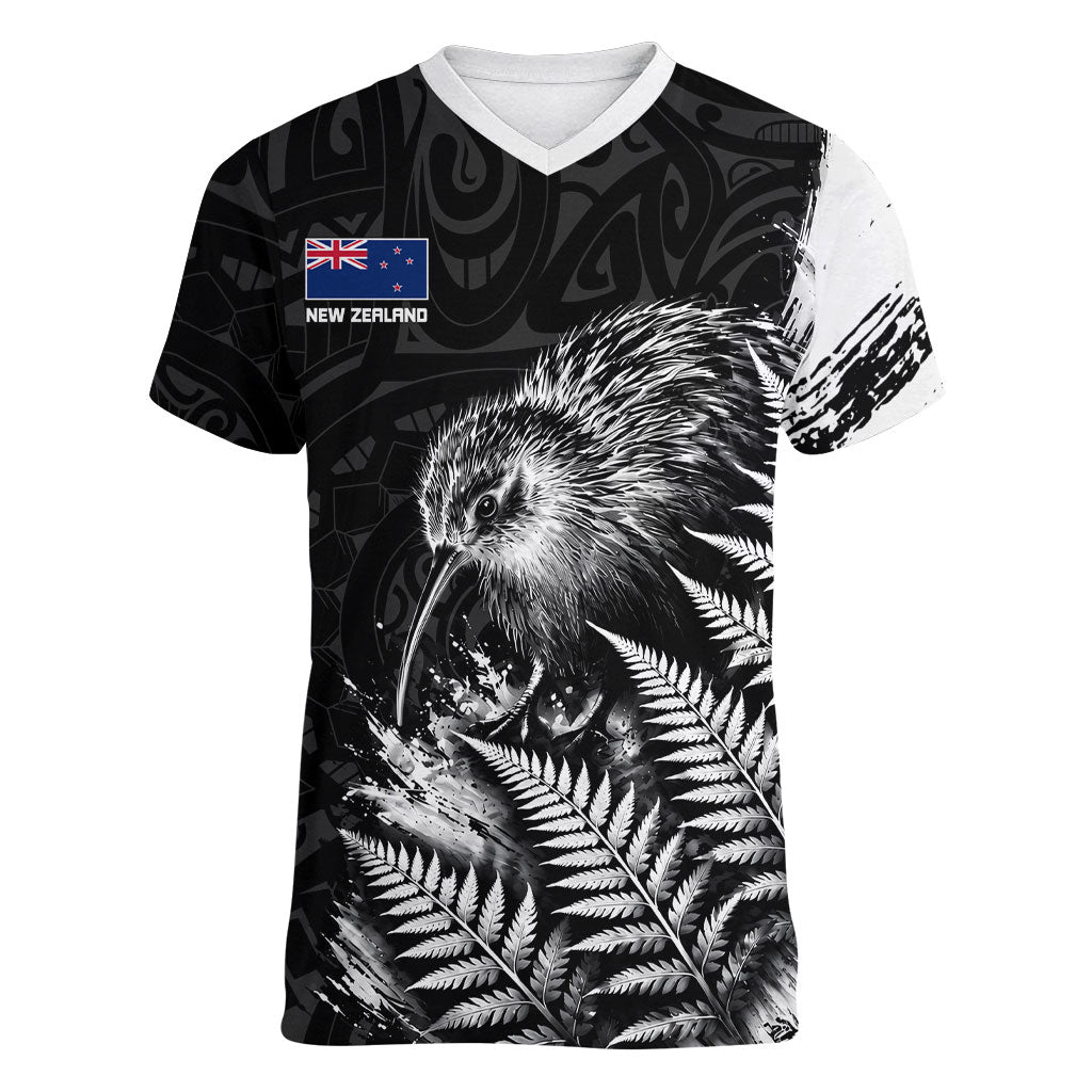 Personalized New Zealand Kiwi Bird Women V-Neck T-Shirt Grunge Maori Tribal Pattern Silver Fern TS04 Female Black White - Polynesian Pride