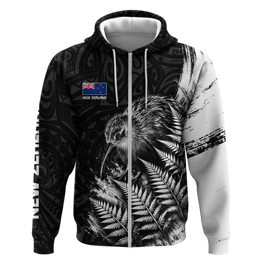 Personalized New Zealand Kiwi Bird Zip Hoodie Grunge Maori Tribal Pattern Silver Fern
