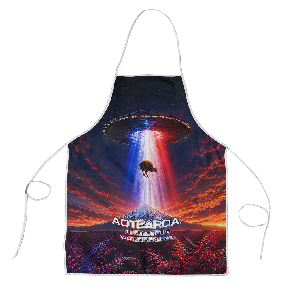 New Zealand Aotearoa Kiwi UFO Apron Sci-Fi Galaxy Sunset Sky Tower And Mountain TS04 Blue Red - Polynesian Pride