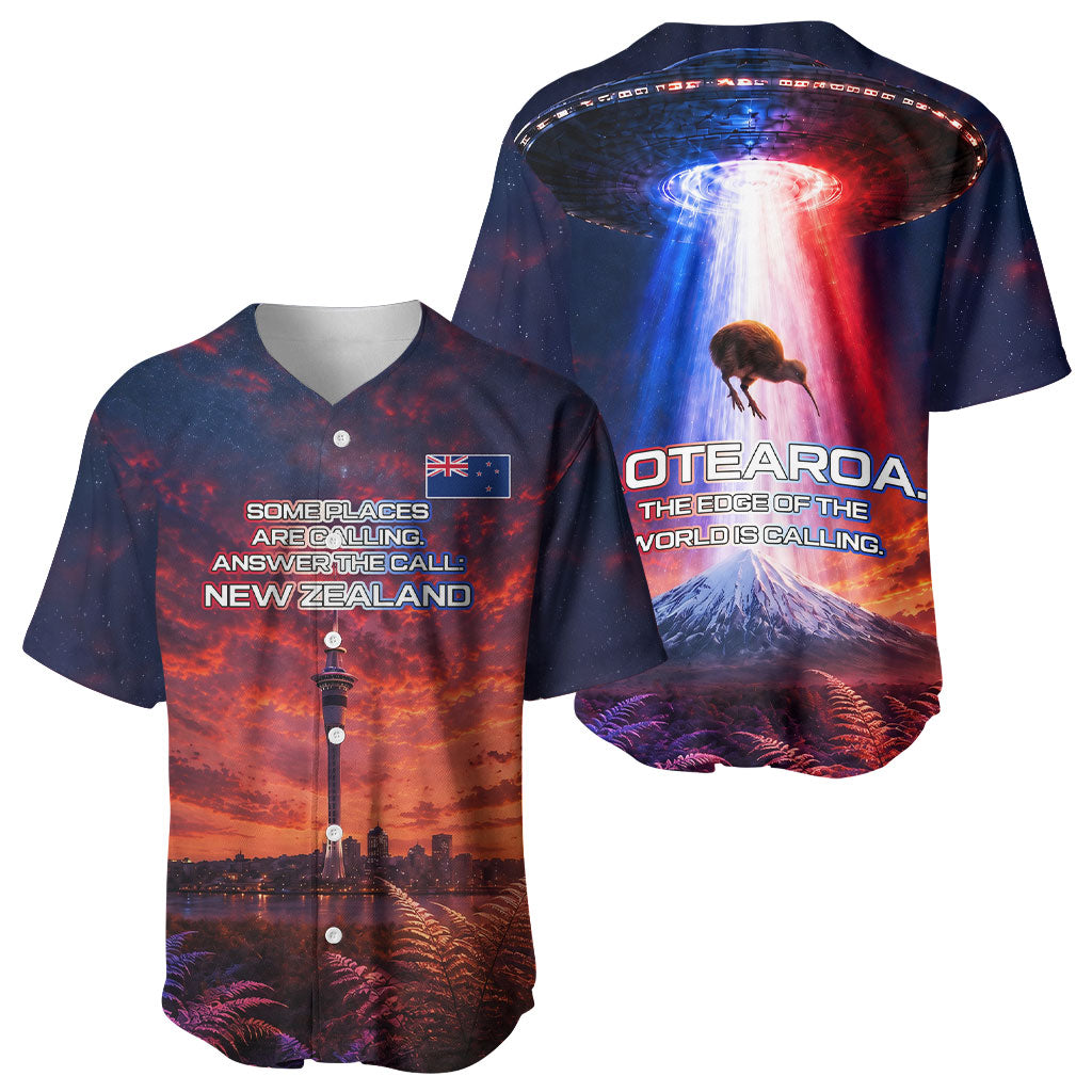 New Zealand Aotearoa Kiwi UFO Baseball Jersey Sci-Fi Galaxy Sunset Sky Tower And Mountain