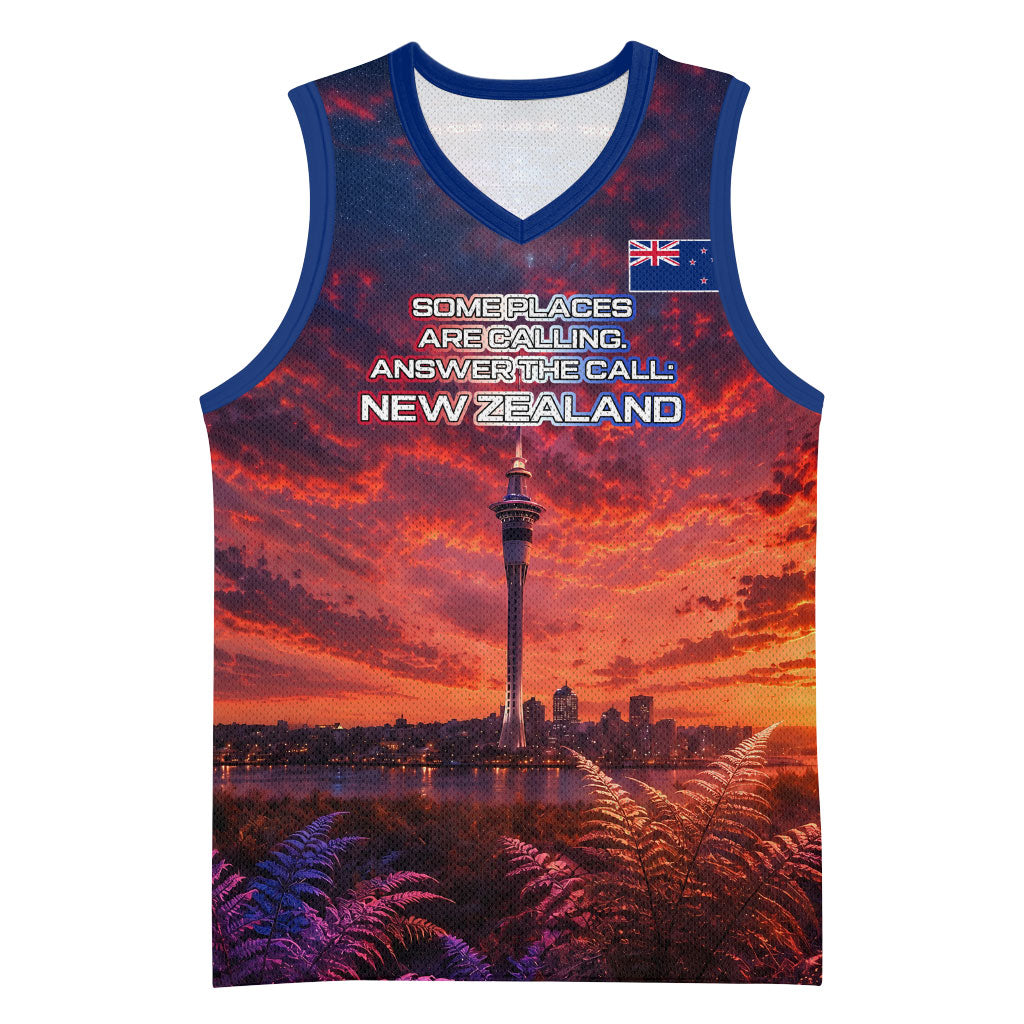New Zealand Aotearoa Kiwi UFO Basketball Jersey Sci-Fi Galaxy Sunset Sky Tower And Mountain