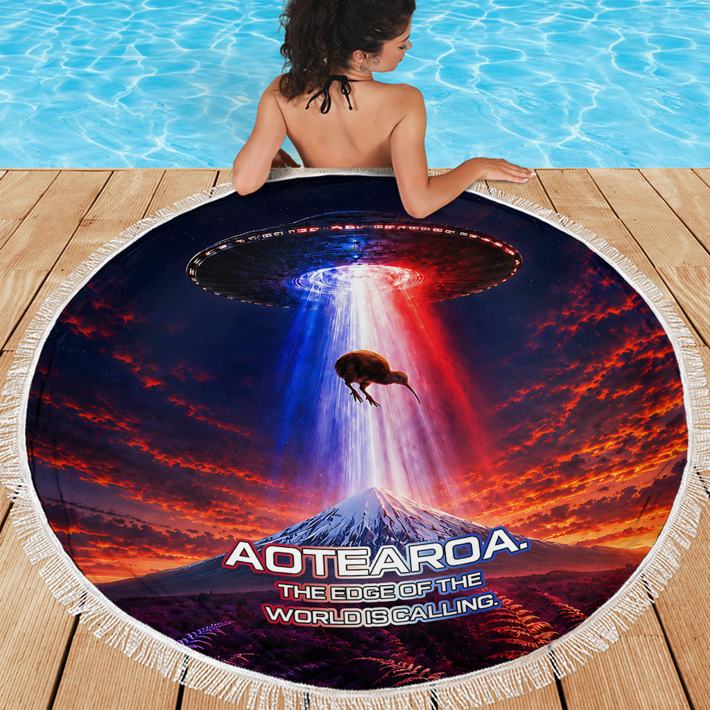 New Zealand Aotearoa Kiwi UFO Beach Blanket Sci-Fi Galaxy Sunset Sky Tower And Mountain