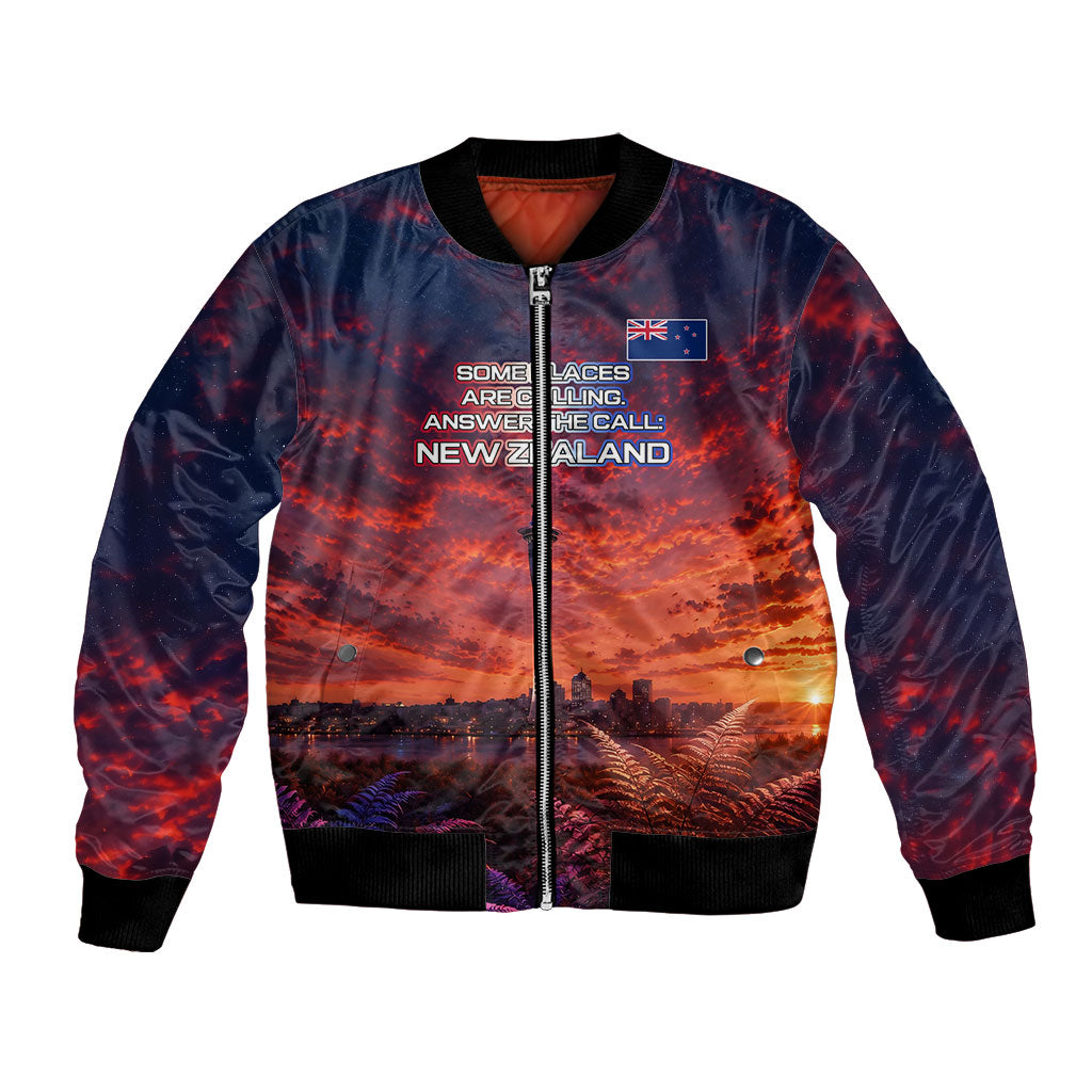 New Zealand Aotearoa Kiwi UFO Bomber Jacket Sci-Fi Galaxy Sunset Sky Tower And Mountain