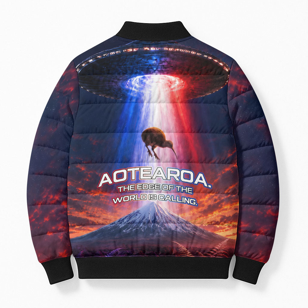 New Zealand Aotearoa Kiwi UFO Bomber Puffer Jacket Sci-Fi Galaxy Sunset Sky Tower And Mountain