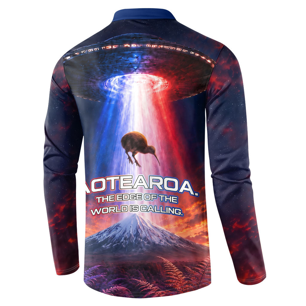 New Zealand Aotearoa Kiwi UFO Button Sweatshirt Sci-Fi Galaxy Sunset Sky Tower And Mountain