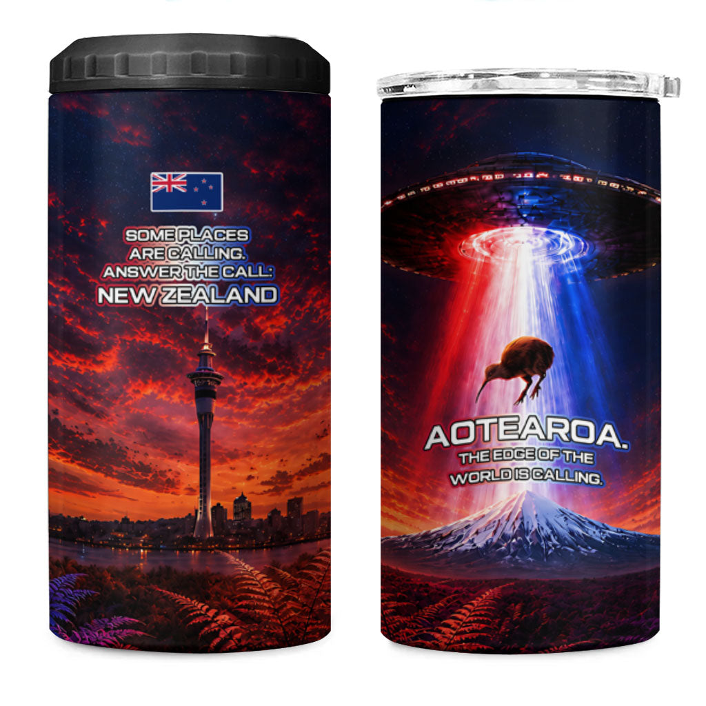 New Zealand Aotearoa Kiwi UFO 4 in 1 Can Cooler Tumbler Sci-Fi Galaxy Sunset Sky Tower And Mountain