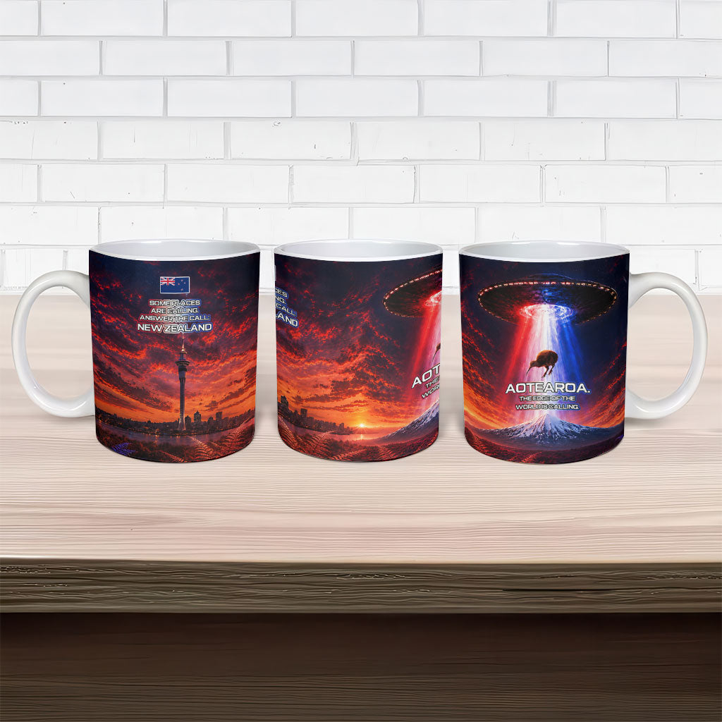 New Zealand Aotearoa Kiwi UFO Ceramic Mug Sci-Fi Galaxy Sunset Sky Tower And Mountain