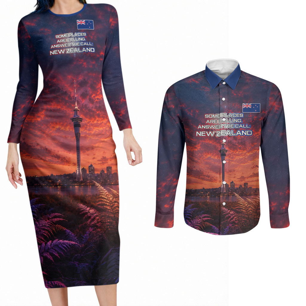 New Zealand Aotearoa Kiwi UFO Couples Matching Long Sleeve Bodycon Dress and Long Sleeve Button Shirt Sci-Fi Galaxy Sunset Sky Tower And Mountain