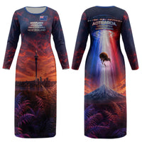 New Zealand Aotearoa Kiwi UFO Couples Matching Long Sleeve Bodycon Dress and Long Sleeve Button Shirt Sci-Fi Galaxy Sunset Sky Tower And Mountain