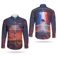 New Zealand Aotearoa Kiwi UFO Couples Matching Mermaid Dress and Long Sleeve Button Shirt Sci-Fi Galaxy Sunset Sky Tower And Mountain