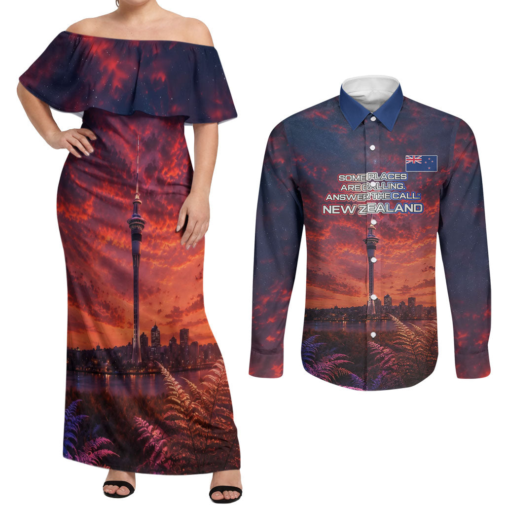 New Zealand Aotearoa Kiwi UFO Couples Matching Off Shoulder Maxi Dress and Long Sleeve Button Shirt Sci-Fi Galaxy Sunset Sky Tower And Mountain