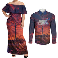 New Zealand Aotearoa Kiwi UFO Couples Matching Off Shoulder Maxi Dress and Long Sleeve Button Shirt Sci-Fi Galaxy Sunset Sky Tower And Mountain