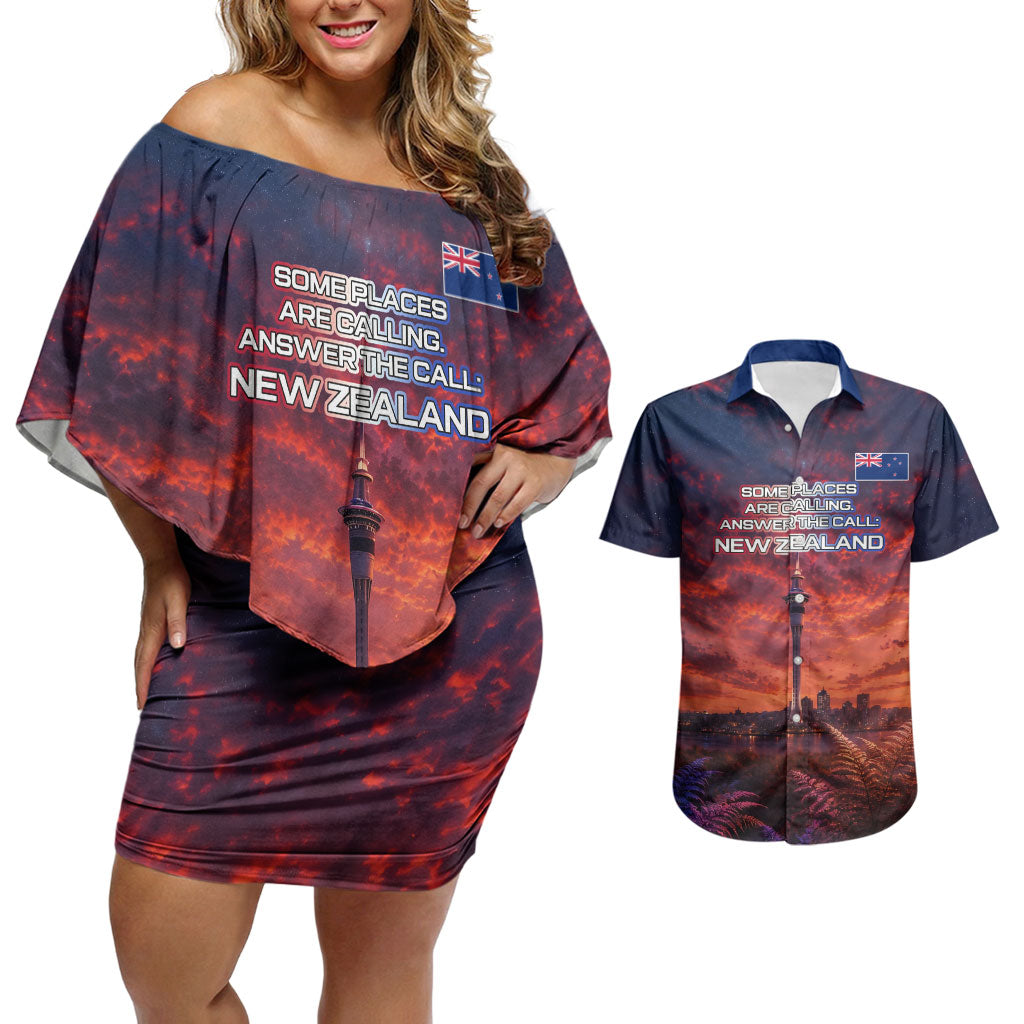 New Zealand Aotearoa Kiwi UFO Couples Matching Off Shoulder Short Dress and Hawaiian Shirt Sci-Fi Galaxy Sunset Sky Tower And Mountain