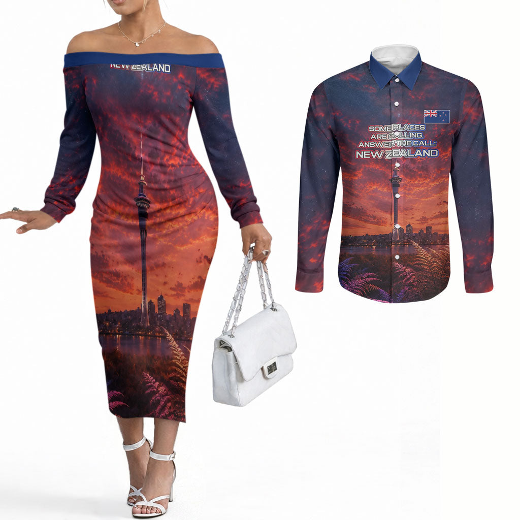 New Zealand Aotearoa Kiwi UFO Couples Matching Off The Shoulder Long Sleeve Dress and Long Sleeve Button Shirt Sci-Fi Galaxy Sunset Sky Tower And Mountain