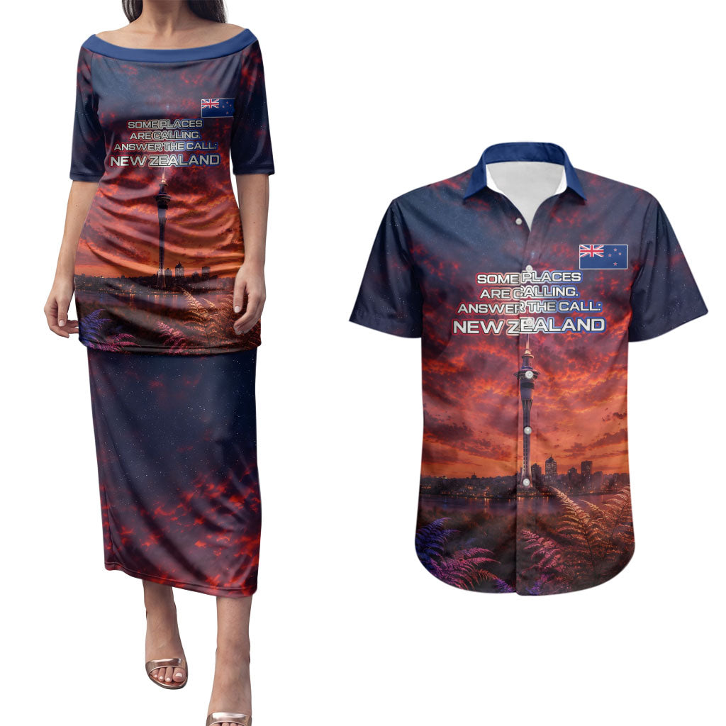 New Zealand Aotearoa Kiwi UFO Couples Matching Puletasi and Hawaiian Shirt Sci-Fi Galaxy Sunset Sky Tower And Mountain TS04 Blue Red - Polynesian Pride