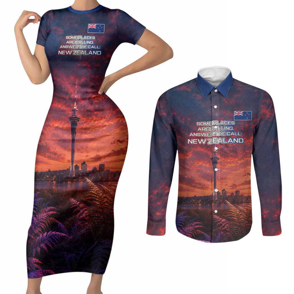New Zealand Aotearoa Kiwi UFO Couples Matching Short Sleeve Bodycon Dress and Long Sleeve Button Shirt Sci-Fi Galaxy Sunset Sky Tower And Mountain TS04 Blue Red - Polynesian Pride