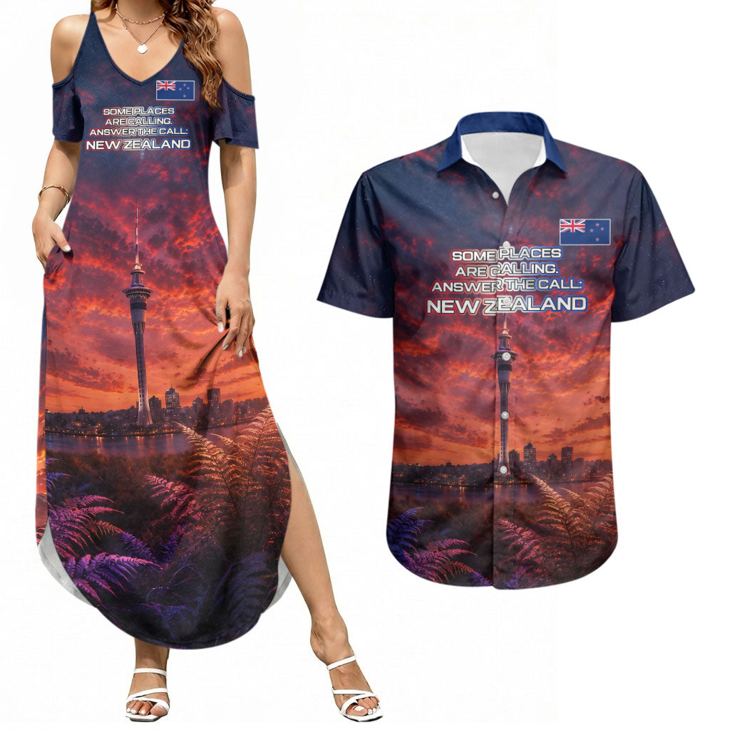 New Zealand Aotearoa Kiwi UFO Couples Matching Summer Maxi Dress and Hawaiian Shirt Sci-Fi Galaxy Sunset Sky Tower And Mountain TS04 Blue Red - Polynesian Pride