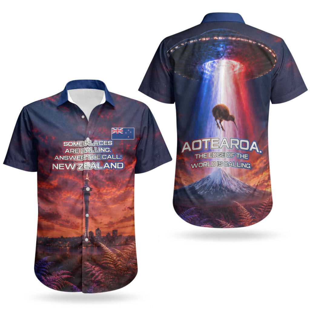 New Zealand Aotearoa Kiwi UFO Couples Matching Tank Maxi Dress and Hawaiian Shirt Sci-Fi Galaxy Sunset Sky Tower And Mountain