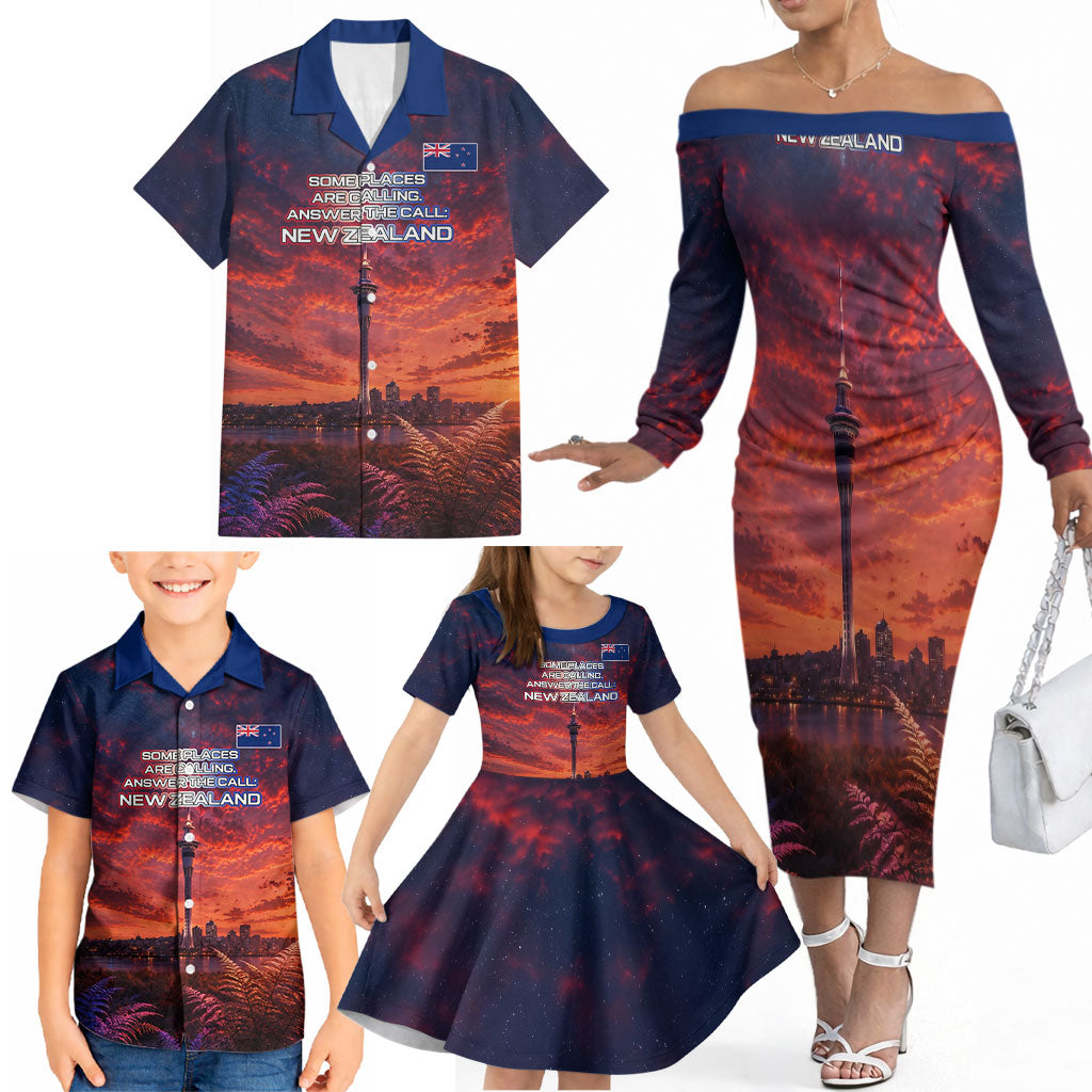 New Zealand Aotearoa Kiwi UFO Family Matching Off The Shoulder Long Sleeve Dress and Hawaiian Shirt Sci-Fi Galaxy Sunset Sky Tower And Mountain TS04 - Polynesian Pride