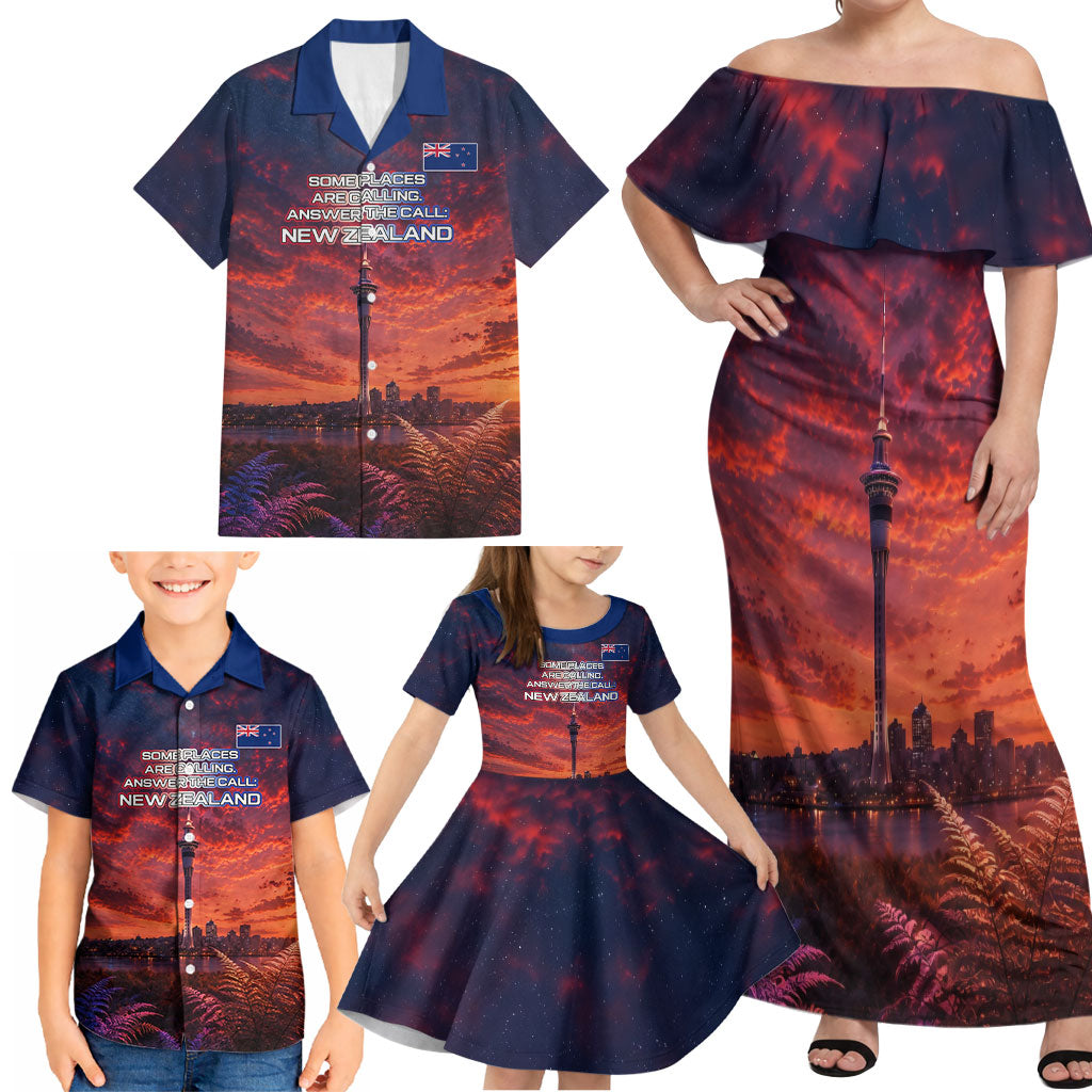 New Zealand Aotearoa Kiwi UFO Family Matching Off Shoulder Maxi Dress and Hawaiian Shirt Sci-Fi Galaxy Sunset Sky Tower And Mountain