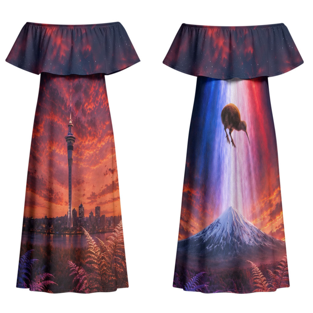 New Zealand Aotearoa Kiwi UFO Family Matching Off Shoulder Maxi Dress and Hawaiian Shirt Sci-Fi Galaxy Sunset Sky Tower And Mountain TS04 Mom's Dress Blue Red - Polynesian Pride