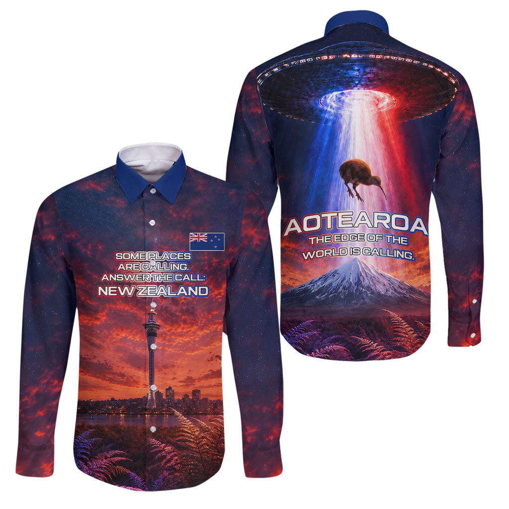 New Zealand Aotearoa Kiwi UFO Family Matching Off Shoulder Maxi Dress and Hawaiian Shirt Sci-Fi Galaxy Sunset Sky Tower And Mountain TS04 Dad's Shirt - Long Sleeve Blue Red - Polynesian Pride