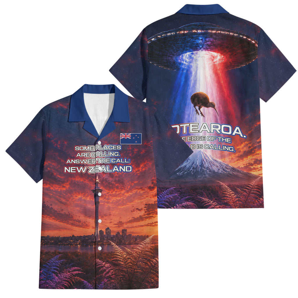 New Zealand Aotearoa Kiwi UFO Family Matching Puletasi and Hawaiian Shirt Sci-Fi Galaxy Sunset Sky Tower And Mountain