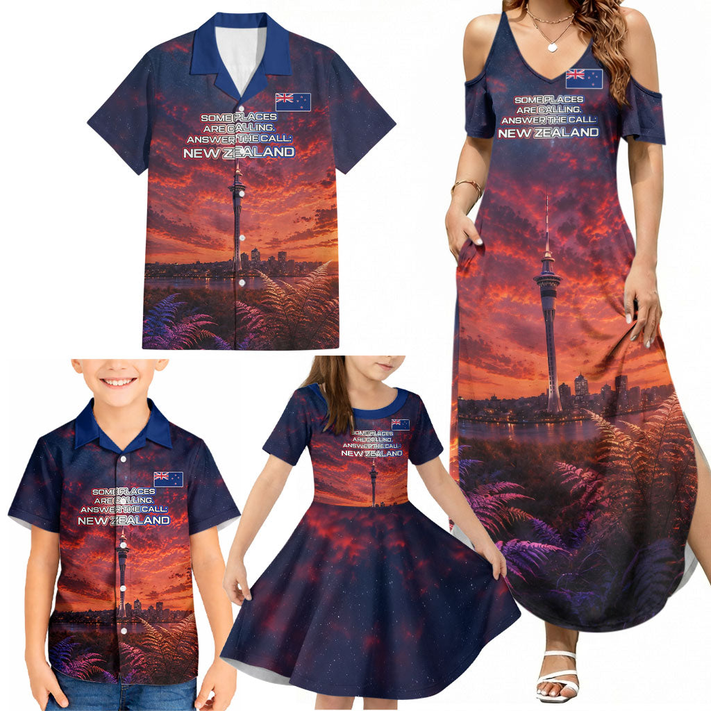 New Zealand Aotearoa Kiwi UFO Family Matching Summer Maxi Dress and Hawaiian Shirt Sci-Fi Galaxy Sunset Sky Tower And Mountain
