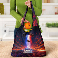 New Zealand Aotearoa Kiwi UFO Grocery Bag Sci-Fi Galaxy Sunset Sky Tower And Mountain